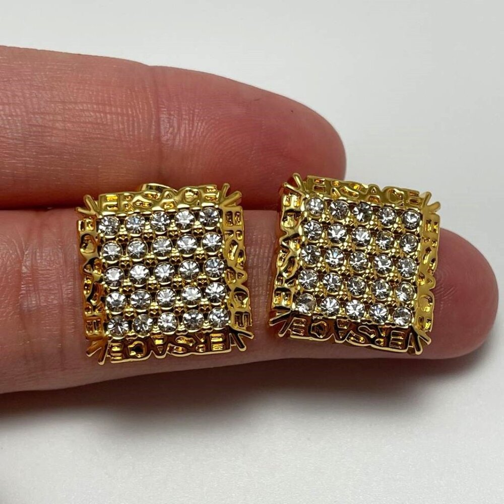 Authentic VERSACE signature gold square stud earrings with crystals